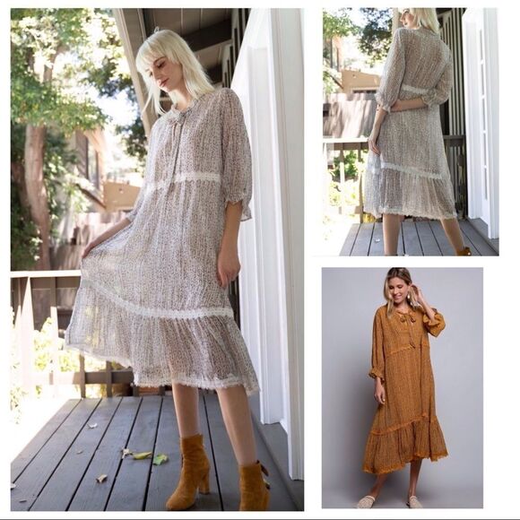 COTTAGE Core  A Shape  Lace Trimmed Dress w/ 3/4 Sleeves - Picture 14 of 16